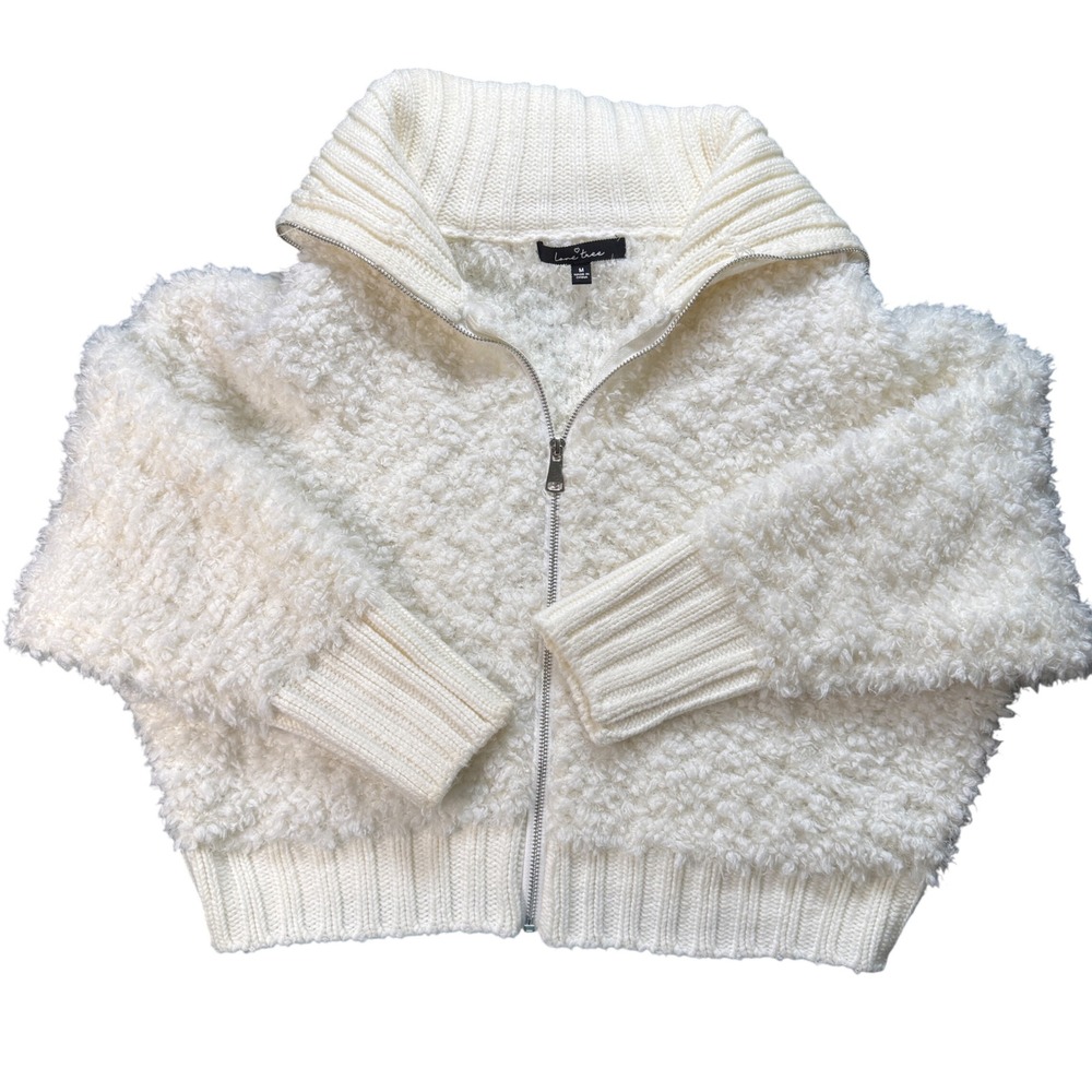 Love Tree Cozy Fuzzy Knit Zip Up Sweater Jacket Cream Women's‎ Medium